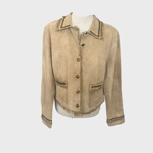 DOUBLE D RANCH  Tan Suede Leather Fringe Trim Jacket Size Large